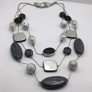 NY stamped. 3-Strand Snake Chain Black White Gray Oval Circle Beaded Necklace